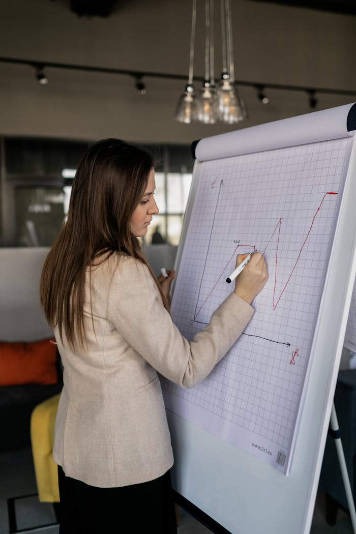 Caucasian woman writing on a graph during a presentation indoors.